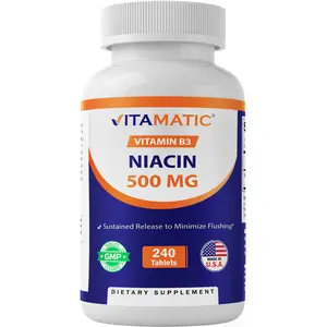 Vitamatic Niacin (Vitamin B3) 500mg Sustained-Release Dietary Supplement, 240 Tablets - Healthy, Safe to Swallow, Gluten Free, Non-GMO, No Preservatives, No Artificial Flavor, Supports Cholesterol Management & Heart Health