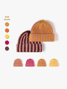 Women's Knit Beanie Hat, Striped Design, Fitted Warm Winter Accessory, Casual Fashionable Daily Wear, Fall & Winter Essential, Unique Striped Pattern