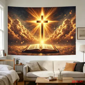 A Tapestry Featuring a Christian Cross, an Open Bible, Golden Light, Clouds, And a Divine Glow, Perfect for Decorating Walls in Living Rooms, Meditation Spaces, Offices, Or for Party Decor