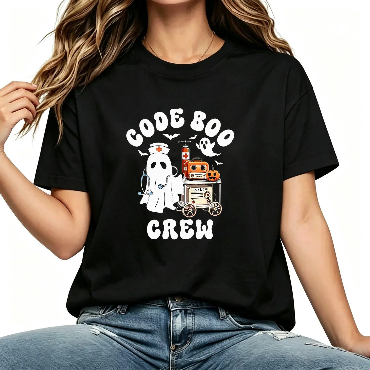 Code Boo Crew Funny Halloween Women T shirts Retro Coding Themed Costume with Nurse Ghosts for Coding Parties Tech Events Casual Wear