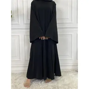 Solid Arabic kaftan with flounce sleeves and a belt, without hijab; modest long-sleeve dress for Muslim daily outdoor wear; women’s Islamic clothing for spring and autumn