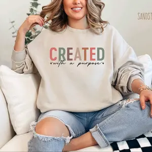 Created With a Purpose Sweater, Cute Christian Sweater, Jerzees Sweater, Custom Sweater Sweatshirts Tops Women Crewneck Comfort Pullover Womenswear