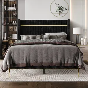 ChaletPosh Velvet Upholstered Wingback Bed Frame with Gold Acrylic Panel Design & Elegant Gold Metal Legs - Soft Polyester Velvet, Modern Luxury