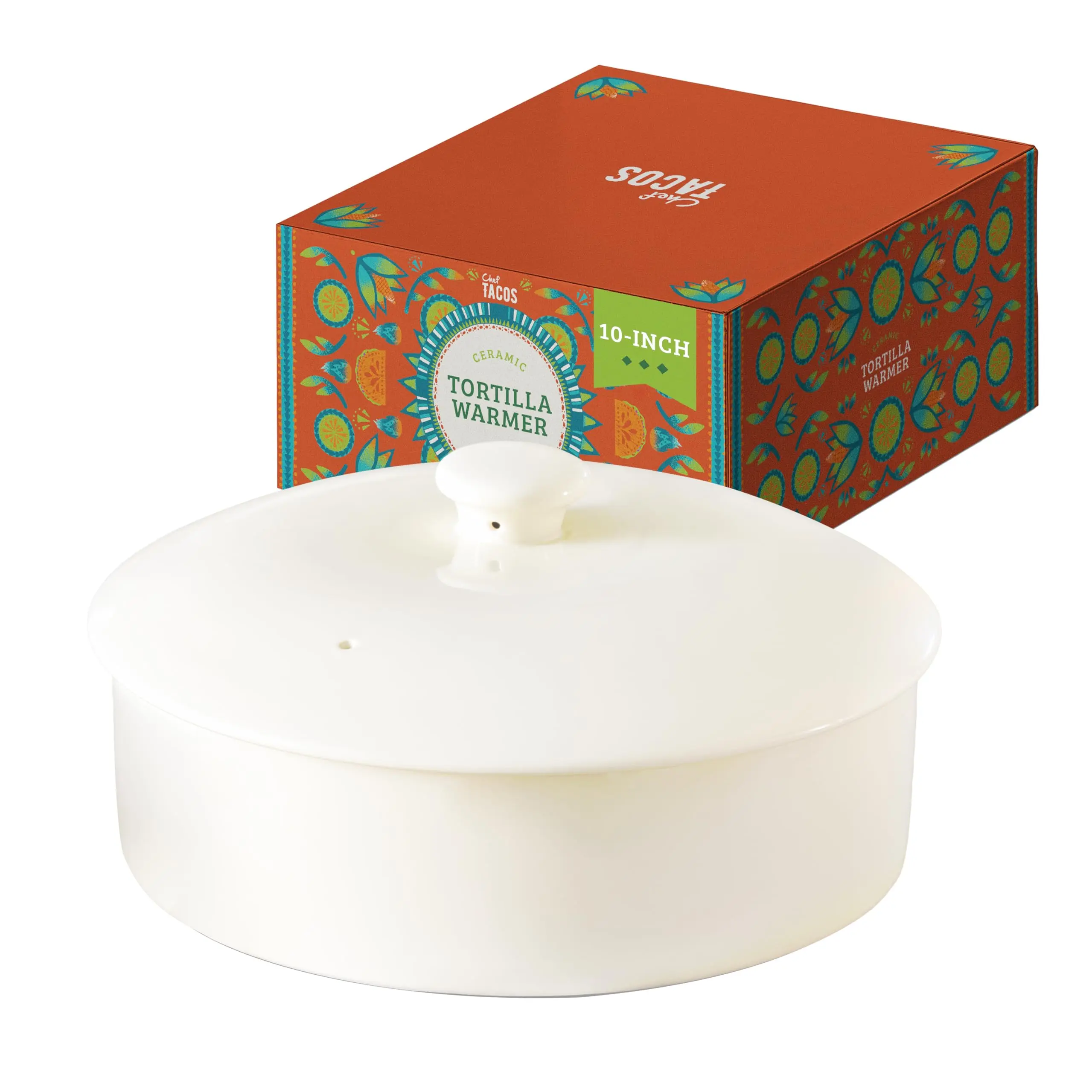 Chef Tacos Ceramic Tortilla Warmer, Microwavable, Tortilla Holder Container, Pancake Keeper, Best for Storage Tortilleros, with Lid (10-inch, White)