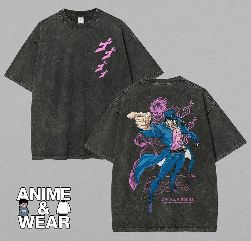 Jotaro Kujo x Star Platinum, JoJo’s Bizarre Adventure Vintage Washed Tee, Heavyweight Oversized Anime Streetwear, Distressed Retro Japanese Graphic T-Shirt, Harajuku Aesthetic, Sorcerer Core Gym Fit, Anime Lover’s Gift, Subtle Anime Merch