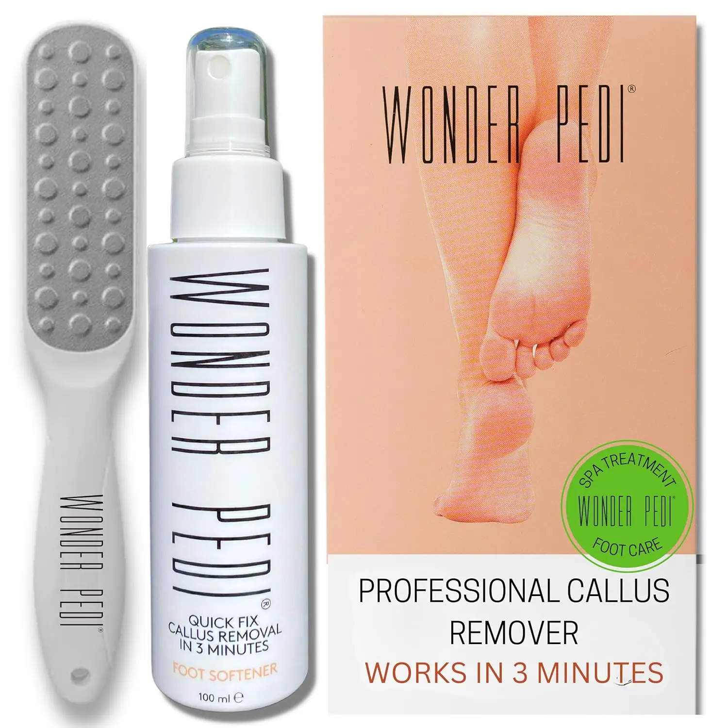 Wonder Pedi Professional Callus Remover – 3-Minute Quick-Fix Foot File Rasp & Instant Exfoliating Softening Spray for Heels – At-Home Spa Pedicure Treatment