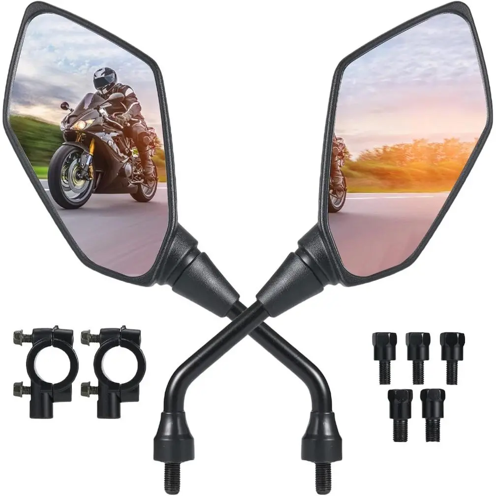 2 x Side View Motorcycle Mirrors with 7/8" Handlebar Mount, 11.5mm Steel Stem, Clamps, 5 x Threaded Mounting Bolts for ATV, Scooter, Moped, Snowmobile, Dirt Bike