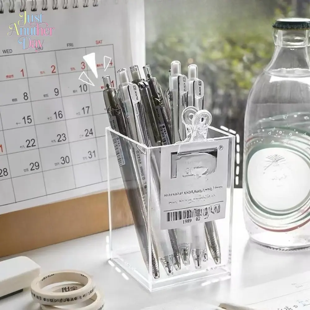 Clear Acrylic Pen Holder, Minimalist Transparent Desk Organizer, Stationery Storage Box for Office, School & Makeup Brushes