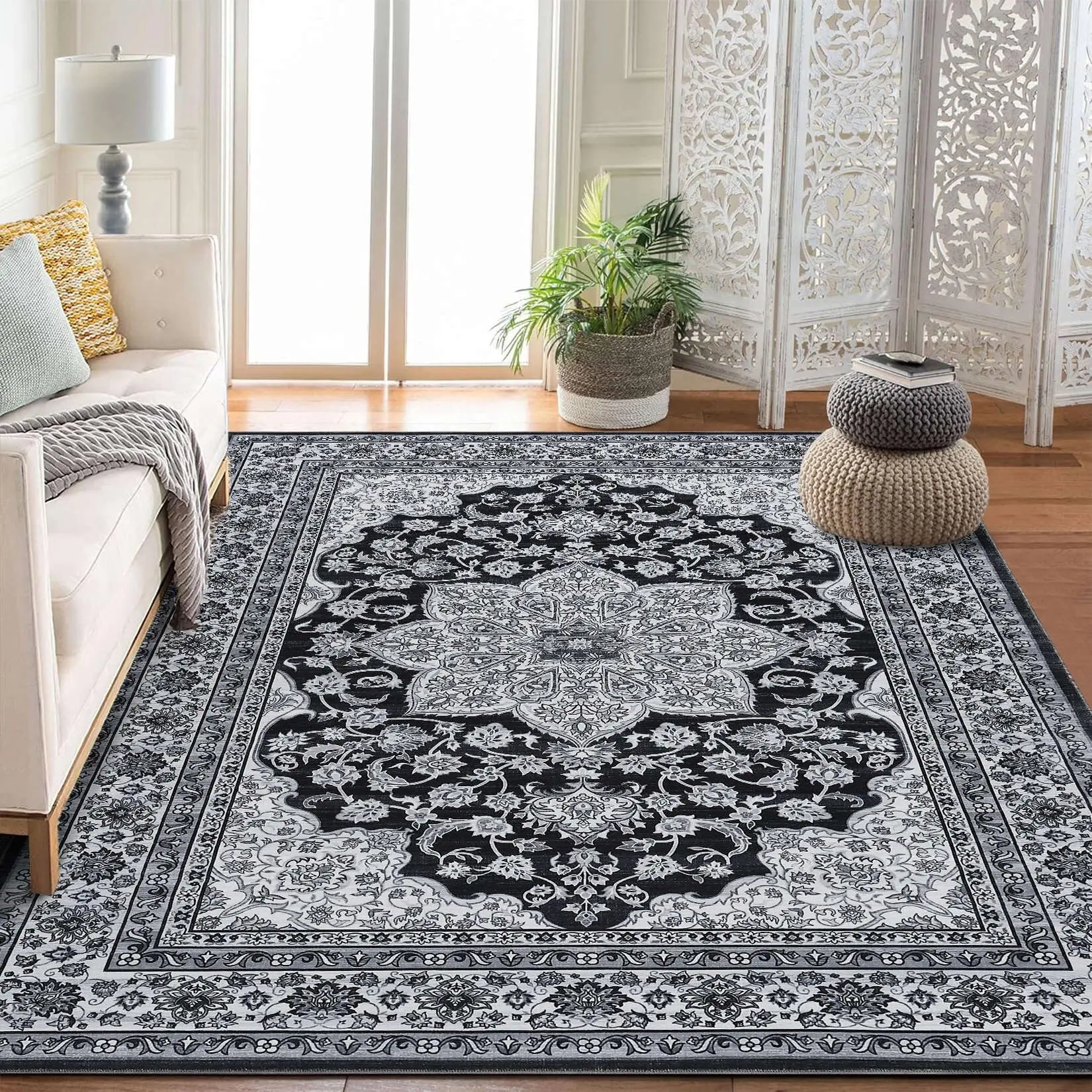GARVEE Washable Taupe Area Rug with Vintage and Traditional Design, Thin Foldable Retro Accent Mat, Durable and Easy to Clean Rug for Home Decor