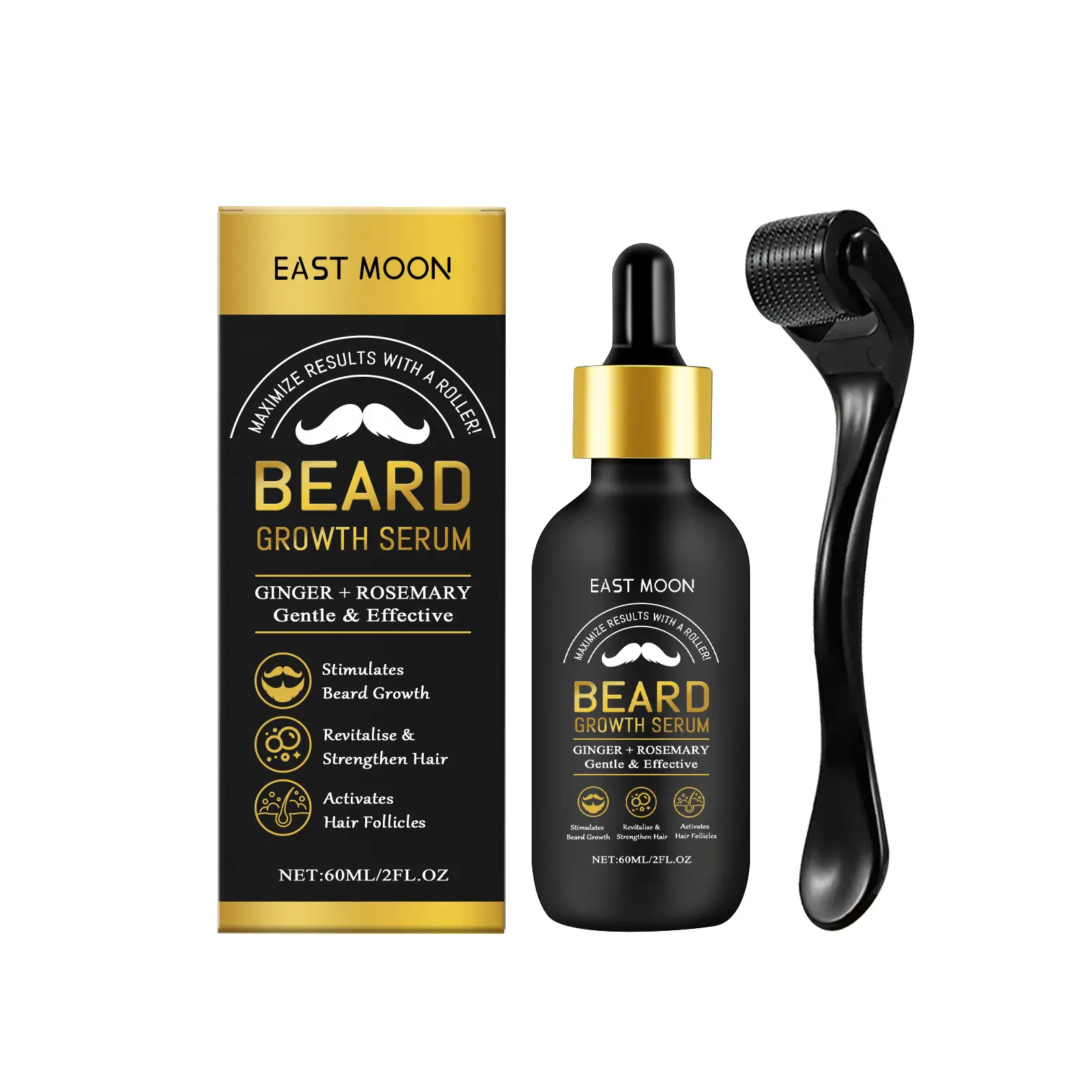 Men's Beard Growth Kit - Ginger Root Oil Cleansing Nutritional Serum, Beard Massage Derma Roller, Bottle-Packaged Daily Care for Thicker Longer Fuller Hair, Father's Day Gift Option