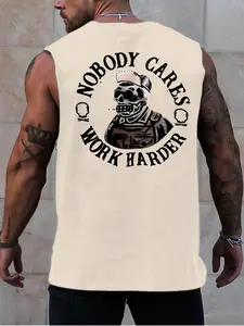 Men's Regular Fit Skull & Letter Print Tank Top, Casual Comfy Workout Sleeveless Top for Summer, Men's Clothes for Outdoor Activities, Menswear, Sleeveless Shirt, Workout Tanks