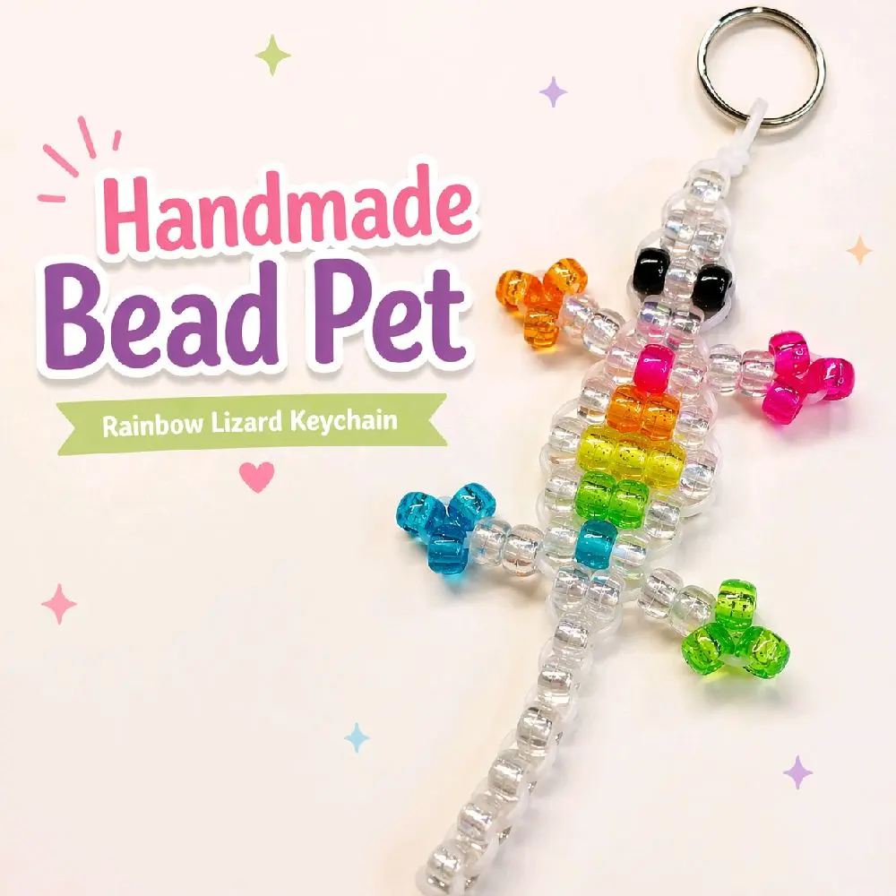 Razbry Reefs LLC Handmade Beaded Lizard Keychain - 90s Nostalgia Pony Bead Rainbow Design, Lightweight Durable, Handmade, Animal-Inspired, Chain-Attached, Bag Charm Keychains, Gift for Backpacks, Handmade Keychains