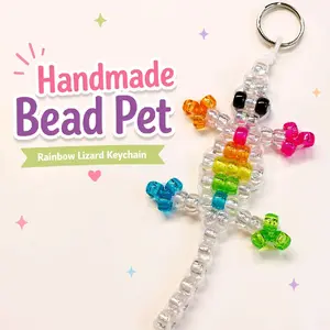 Handmade Bead Pet Lizard Keychain 90s Nostalgia Pony Bead Charm Cute Backpack Keychain Gift Rainbow Lizard Design Lightweight Durable