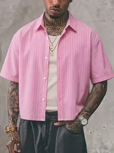 Men's Pink Striped Cropped Short Sleeve Shirt, Y2K Streetwear Retro Striped Button Down Shirt, Summer Loose Fit Striped Cropped Casual Shirt, For Daily Wear, Casual, Cleanfit, Men's Retro Streetwear #springsaledeals2026 #summeroutfits #tiktokshopmademebuy