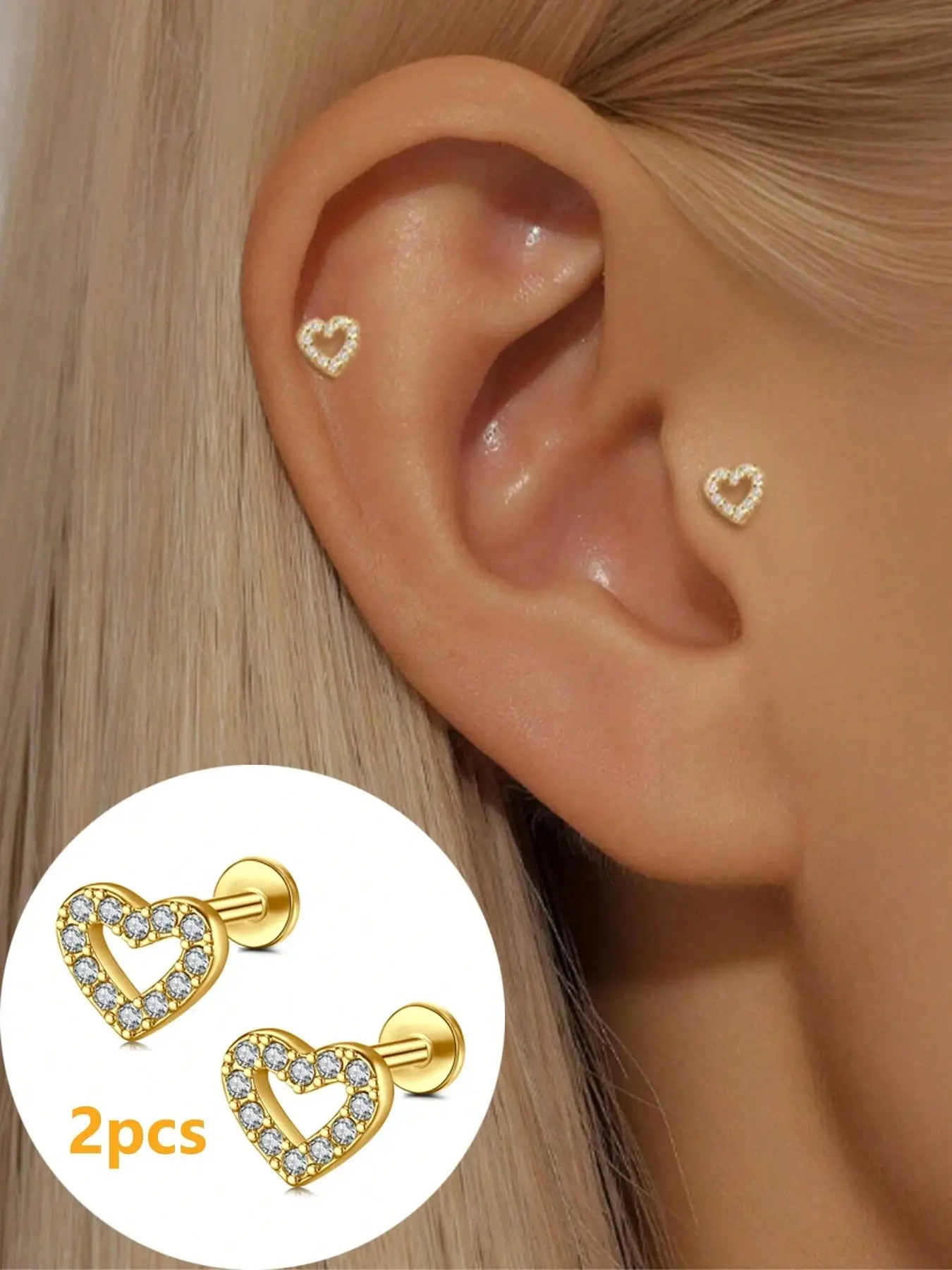 1 Pair Heart Stud Earrings, Flat Back Stainless Steel Internal Thread Cartilage Earrings, Hypoallergenic CZ Cubic Zirconia Earrings Heart Shaped Piercing Jewelry for Women, Cubic Zirconia Studs