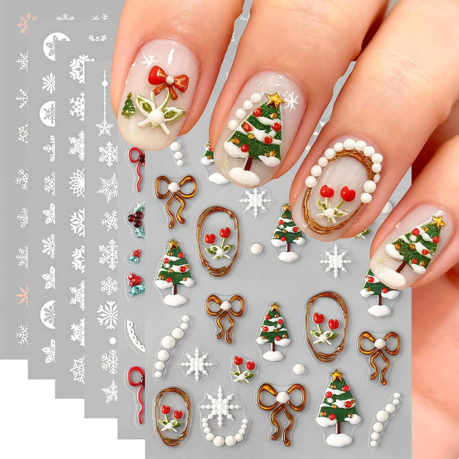6 Sheets Christmas Snowflake  Artificial Nail Art Stickers Winter Snowflakes Nail Decals Self Adhesive Embossed Snowflake Christmas Tree Bow Holly Leaves Nail Stickers for Women New