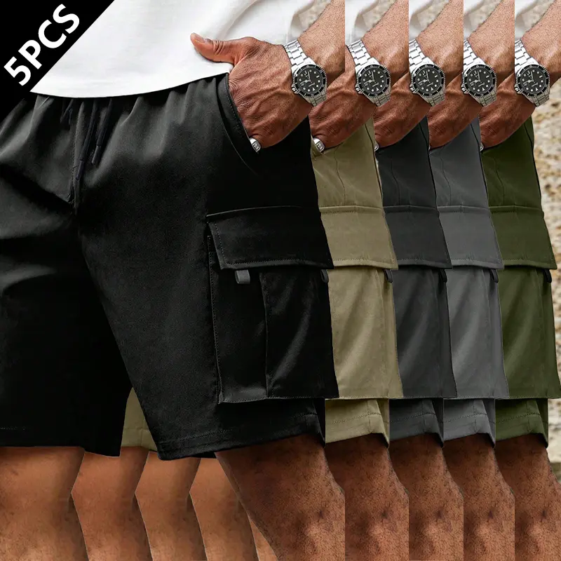 5-pack men’s plus-size cargo shorts—summer solid-color shorts with a drawstring waist and multiple pockets on the sides; breathable, comfortable, and durable for everyday casual summer wear; suitable for work and leisure activities, training for various o
