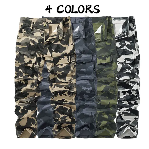Men’s Camo Graphic Cargo Pants - Menswear Durable Fabric, 4-Color Straight-Leg, Multiple Pockets, Wear-Resistant Tactical Pants for Outdoor Hiking, Leisure Activities, Durable Fabric Men's Pants
