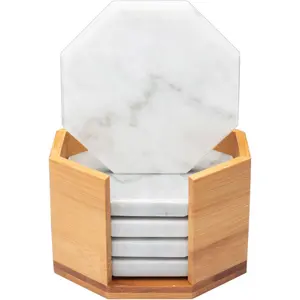 D'Eco White Carrara Marble Coasters w/ Bamboo Holder - Set of 5 - Tabletop Protection- Fits Any Size Wine Glass, Cup, Mug - Great Mother's Day Gift