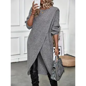 Women's High-Low Wrap Tunic Sweater Dress – Casual Drop Shoulder Long Sleeve, Fall & Winter Daily Wear, Women's Clothing for Daily Wear