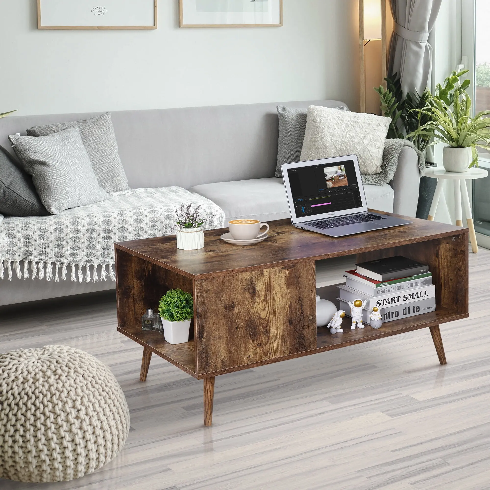 Segawe Midcentury Modern Wooden Rectangular Coffee Table - Open Shelf, Angled Legs, Wood Finish, Easy Setup, Modern Furniture, Indoor Furniture Table, Living Room House Room Decor