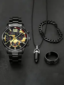 Men's Sport Style Analog Quartz Wristwatch Set with Calendar Function, Metal Strap, Casual Wear, Party Gift, Round Dial, Modern Watches