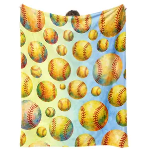 1pc Softball blanket, Decorative Giftable Blankets, yellow watercolor ball pattern, suitable for girls and teenagers' room decor, warm stadium travel gift, a present for softball fans, can be used in dorm rooms, on sofas, bedding