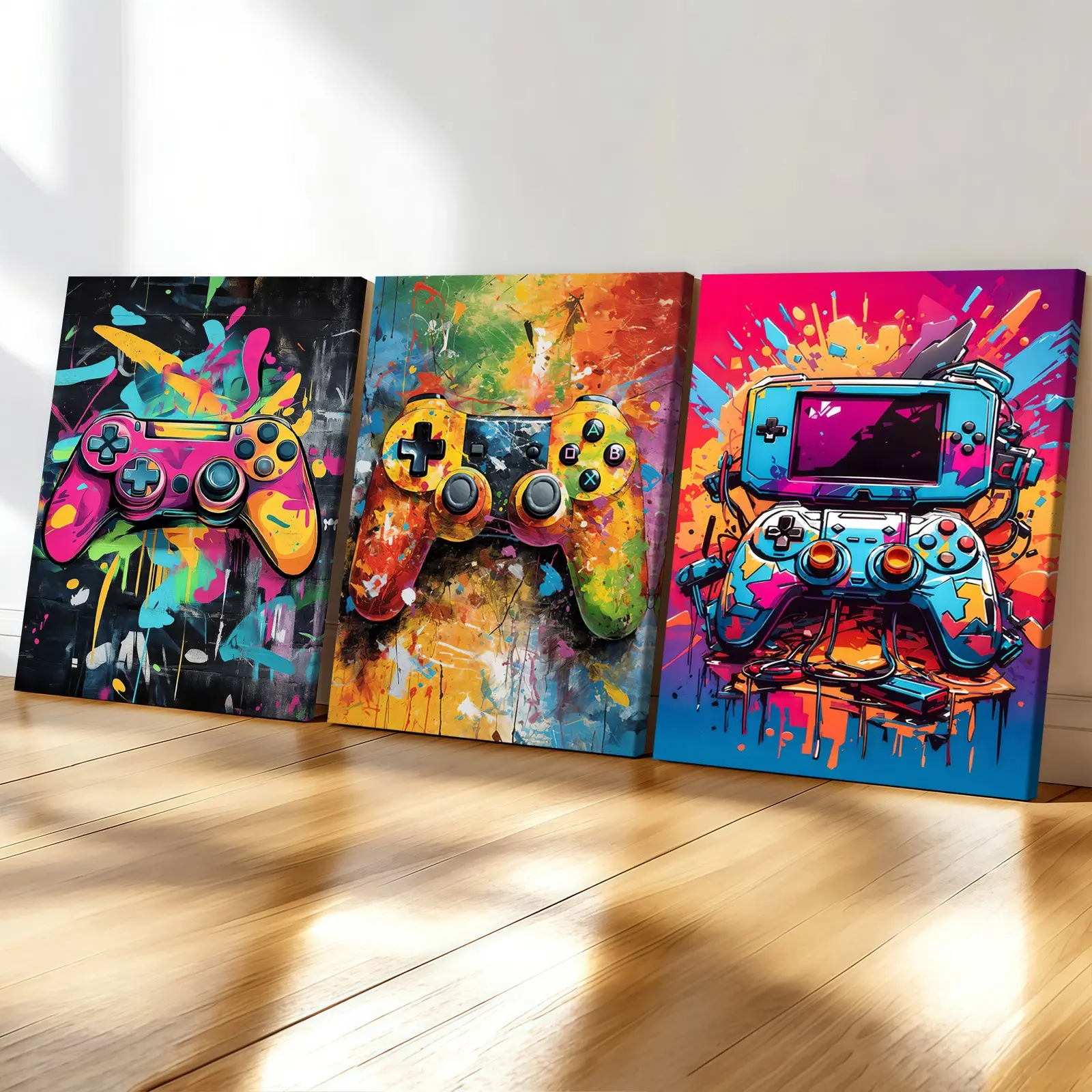 3-Pack Wood Frame Canvas Posters, Graffiti Game Controller Theme Decor, Pop Art Graffiti, Modern Art Design Living Room Wall Art, Fashion Home Poster for Bedroom, Office, Hallway, Artistic