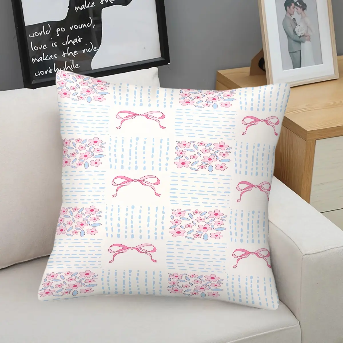 Coquette Pink Bow Floral Throw Pillow,Sweet Girly Checkered Decorative Cushion,Soft Cozy Accent Pillow,Includes Full Fluffy Pillow Core,Ideal Sofa Couch Bed Bedroom Decor,Lovely Daily Gift For Girls Women Home Decoration