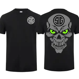 Sig Sauer Skull Green Eyes T-shirt, Unisex Short Sleeve Casual 100% Cotton, Tactical Gear, Made in USA
