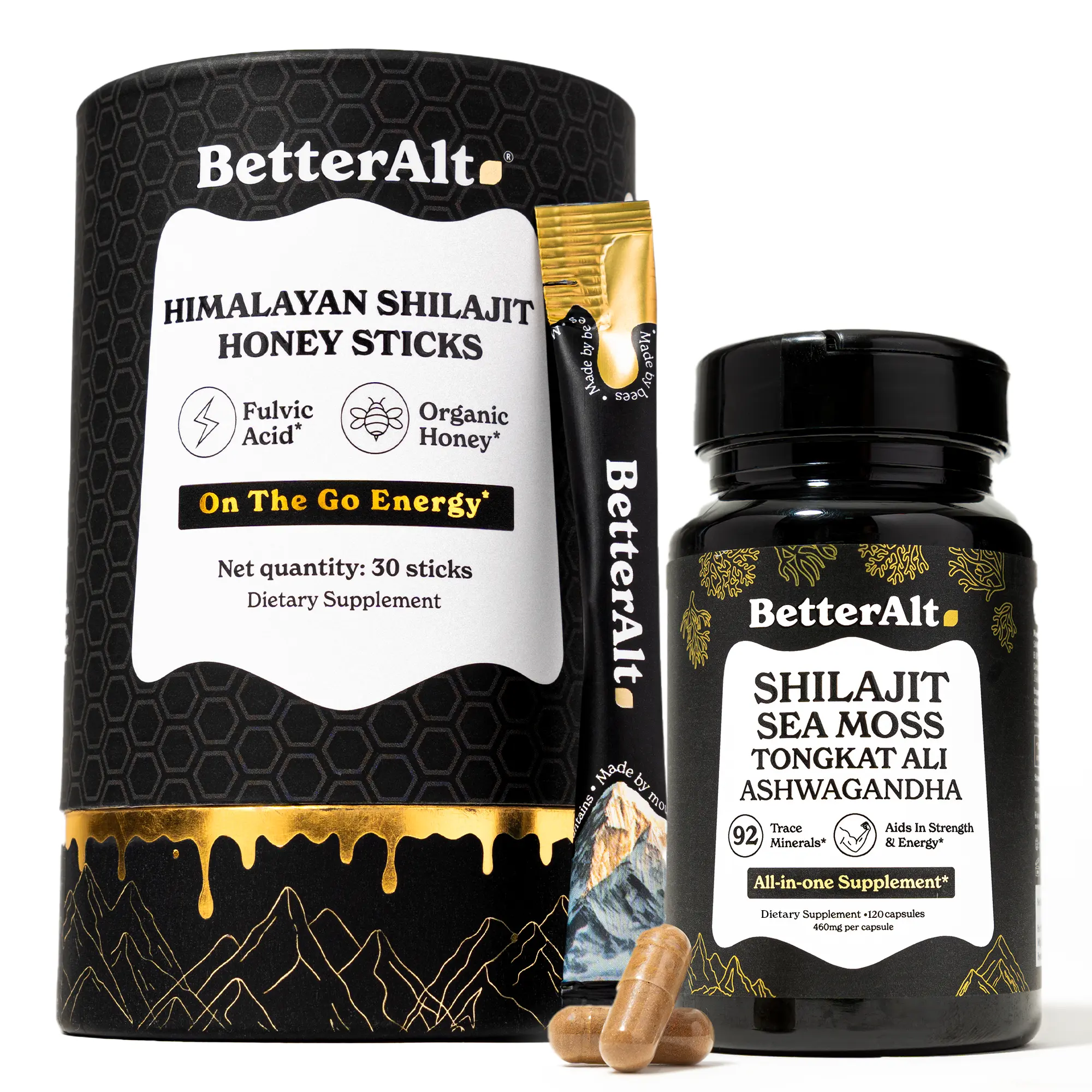 BetterAlt Alpha Stack | GOLD+ Shilajit Honey Sticks & GOLD+ Shilajit, Ashwagandha & Sea Moss Capsules | Helps Boost Energy & Immunity | 30 Sticks + 120 Capsules