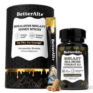 BetterAlt Alpha Stack | GOLD+ Shilajit Honey Sticks & GOLD+ Shilajit, Ashwagandha & Sea Moss Capsules | Helps Boost Energy & Immunity | 30 Sticks + 120 Capsules