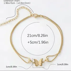 14K Gold Plated Double Layer Butterfly Anklet for Women, Adjustable Box Chain Foot Bracelet, Dainty Summer Beach Jewelry Gift