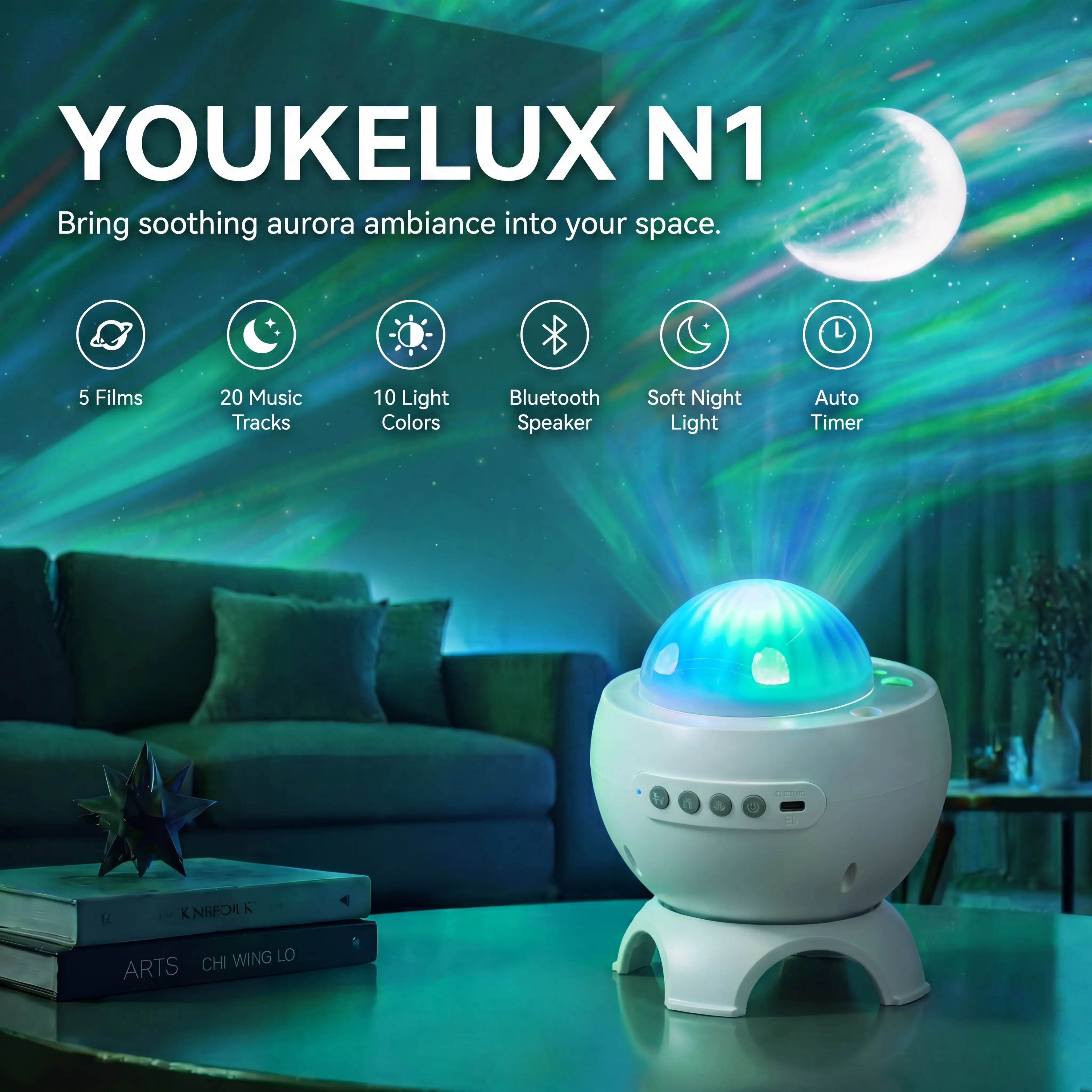 YOUKELUX-S Rechargeable Northern Light Projector Aurora Light with 5 Rotation Films,20 White Noise Music,10 Changing Colors,Bluetooth Speaker,Auto Timer Ambient Light Star Projector for Bedroom