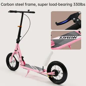Kick Scooter Carbon Steel Frame Super Load-Bearing 330lbs For Adults Teens With 12" Smooth Rolling Rubber Tires Adjustable Handlebars Lowrider Bike - Wheel