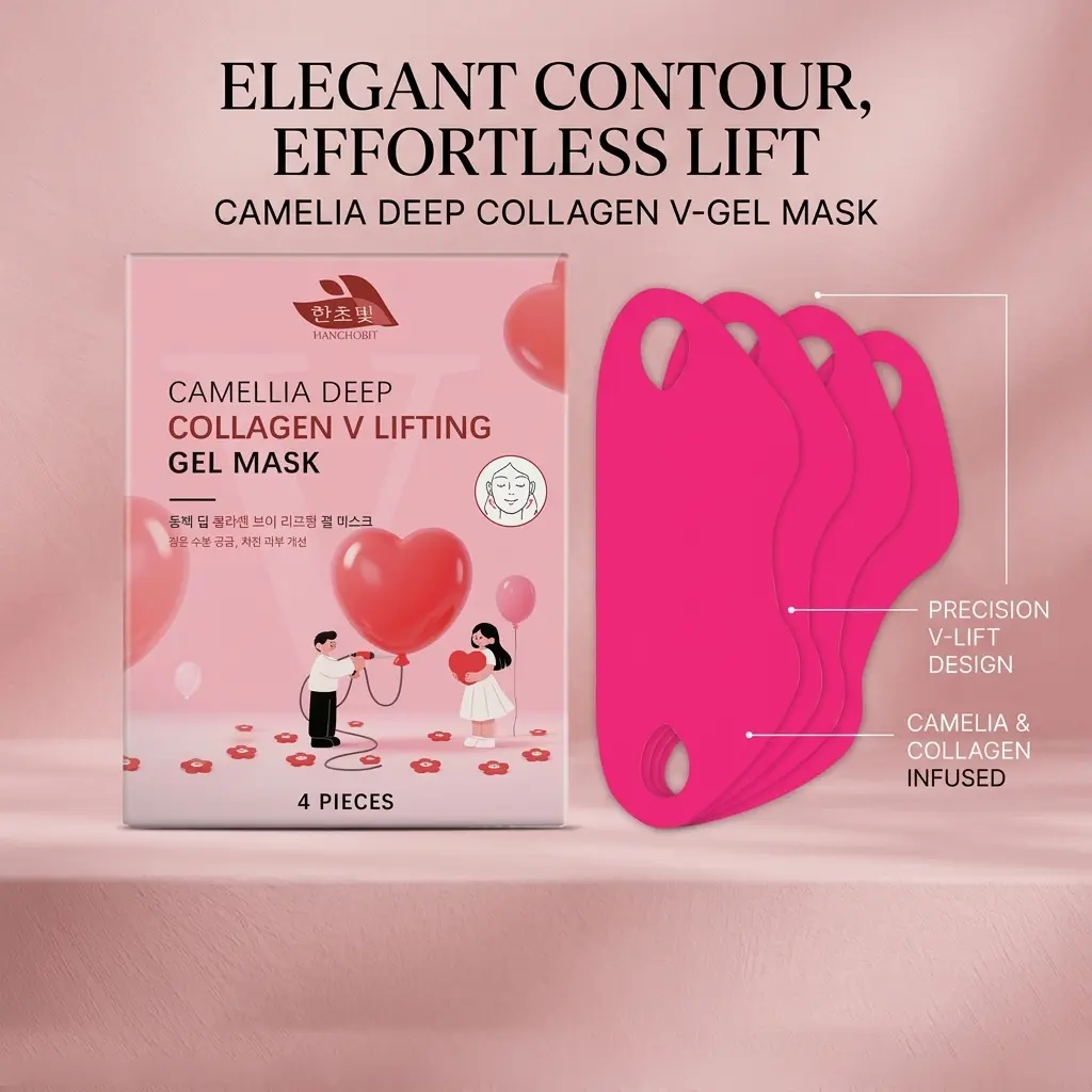 Hanchobit Camellia Collagen V Lifting Mask, Hydrating & Moisturizing Hydrogel Sheet for Jawline and Neck Firming, Ear-Hook Contour-Fit Design, 4 Pack