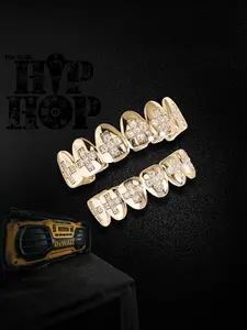Round Zircon Cross Stitched Tooth Set, Hip Hop Gold Teeth, Unique Accessory, Essential Rapper Jewelry, Stylish Dental Accessories, Tooth Gem
