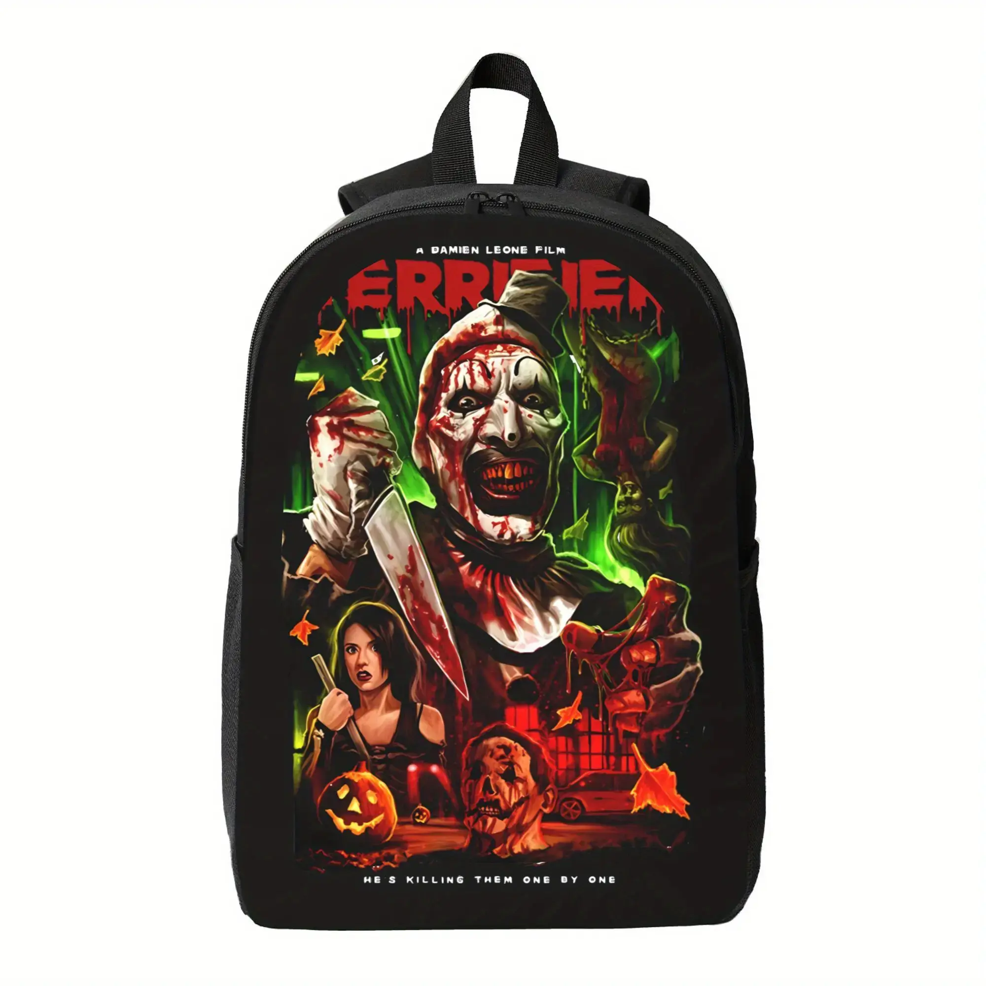 Terrifier Film Art Print Backpack - Horror Clown Design with Blood Splatter & Halloween Graphics, Durable Zipper Closure School Book Bag for Students, Spacious Horror Movie Fan Backpack, Halloween Backpack, Daily Carry, Dark Aesthetic, Reliable Storage,