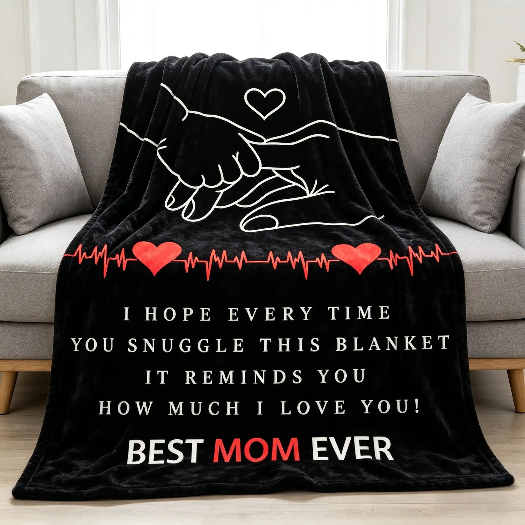 Soft Fleece Throw Blanket - Personalized Snuggly Message Blanket, Heartbeat & Hand-holding Design, Best Mom Gift for Mother's Day/Birthday from Daughter/Son, Cozy Snuggle Item, Personalized Blankets, Snuggly Blankets