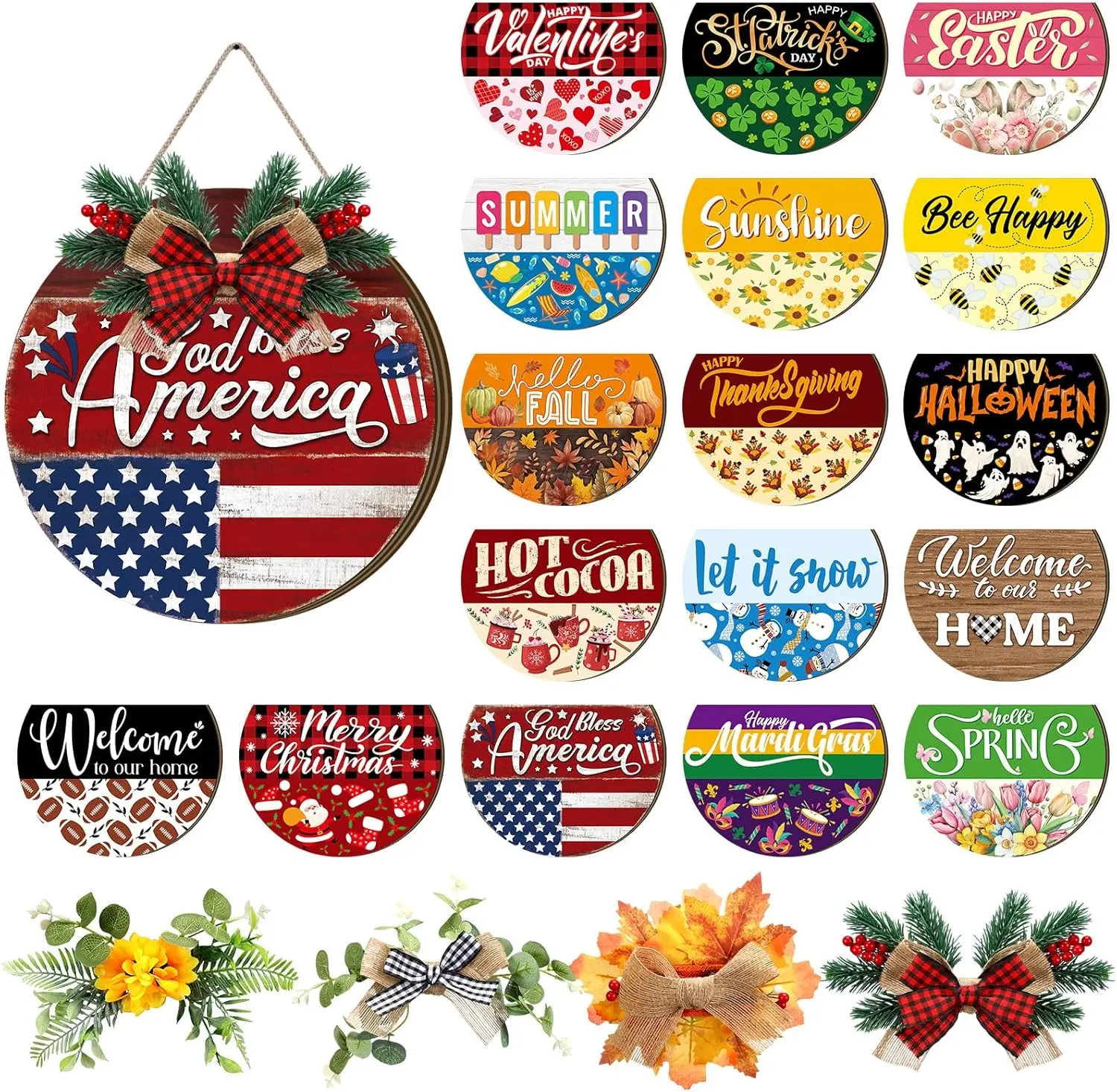 Gejoy Wooden Welcome Sign for Front Door Interchangeable Porch Sign with 17 Magnetic Icons and 4 Wreaths, Wooden Door Hanger Gift for Summer Seasonal Holiday Party, Farmhouse Porch Geese Outdoor