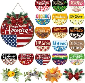 Wooden Welcome Sign for Front Door Interchangeable Porch Sign with 17 Magnetic Icons and 4 Wreaths, Wooden Door Hanger Gift for Summer Seasonal Holiday Party, Farmhouse Porch Geese Outdoor, 4th of July Decor