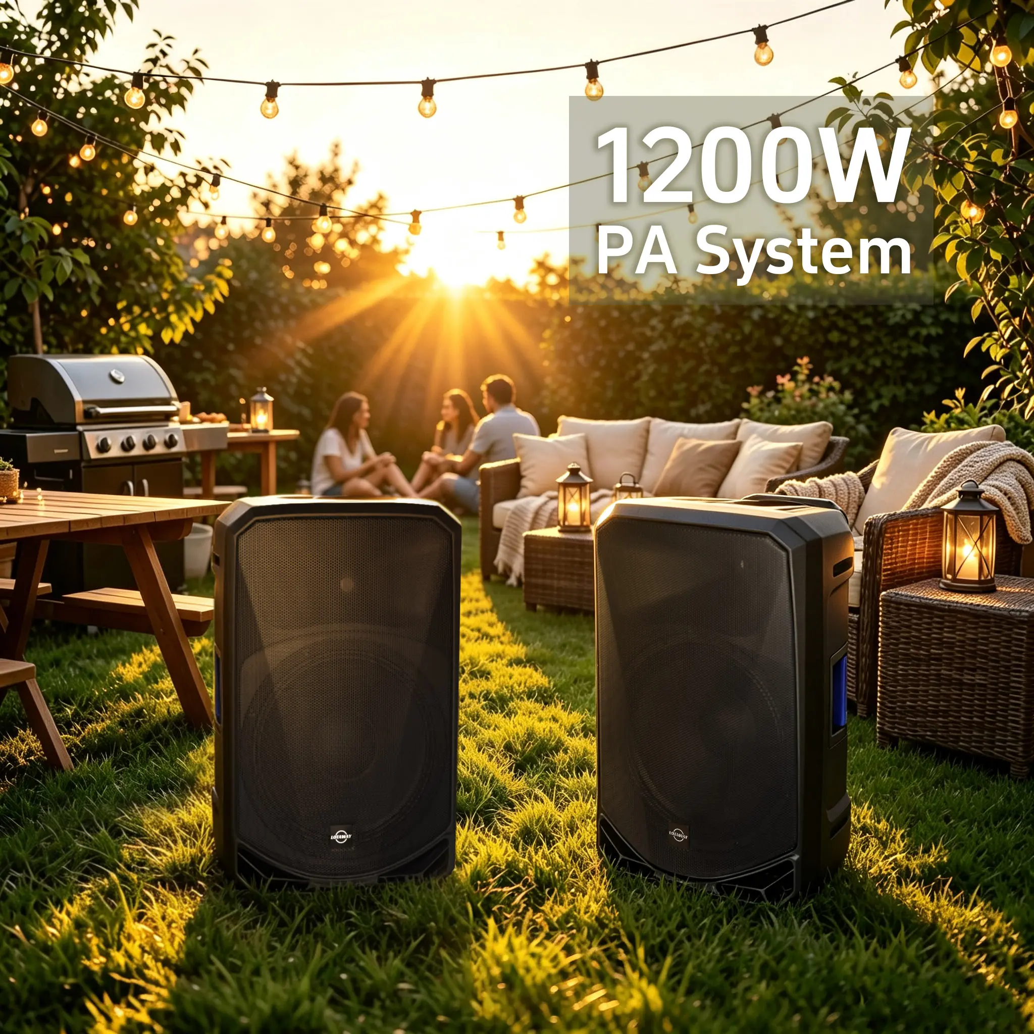 LOTAWAY PM-15 15" Powered PA Speaker Pair - 1200W Active + Passive, Bluetooth TWS Karaoke System with Mic Input, USB, SD Card, 2 Speaker Stands Included