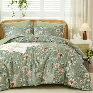 Queen Floral Comforter Set 7 Pieces,Sage Green Floral Comforter with Sheet Set,Flowers Leaves Pattern Bed in a Bag,Soft Microfiber Bed Set 90"x90"
