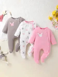 3-piece Set Of Elegant, Sweet And Cute Baby Girl Bunny, Moon, Star, Cloud Print Slanted Open Button Jumpsuit Suitable For Casual Daily Vacation Parties