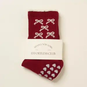 Effortless Club Grip Socks, Vintage Red Bow Petal Trim, Girlie Gift Vibes Crew Half Calf Non-Slip Socks, Pilates Socks, Yoga Barre