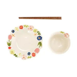 KAWASIMAYA Floral Embossed Ceramic Plate Set - Elegant Dinnerware for Single Servings, 3-Piece Set with Bowl & Chopsticks