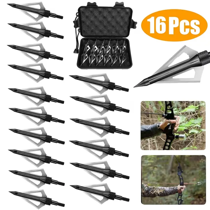 16pcs 100 Grains Hunting Arrowheads Archery Broadheads with Compact Pack Storage, Compatible with Recurve-Compound Bows, Ideal for Hunting, Fishing, Outdoor Archery Practice, Bow Accessory Gift for Bowhunters