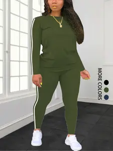 Plus Size Striped Two-Piece Athleisure Wear Set, Side Stripe Long Sleeve Top & Pants, Elastic Waist Casual Sportswear for Fall Winter Outdoor Activities