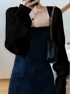 Casual Batwing Sleeve Crop Knitted Cardigan, Long Sleeve Front Button Up Top, Perfect for Daily Wear, Fashionable Simple Style, Sweater, Womenswear, Knitwear