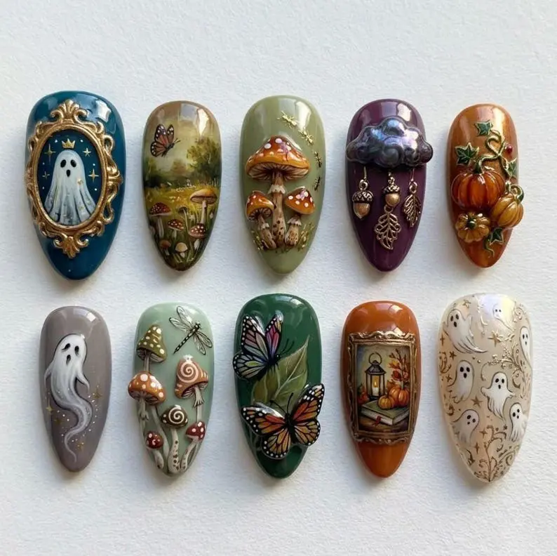 Handmade Ghost Autumn Press On Nails | 3D Mushroom Pumpkin Halloween Nails | Cottagecore Vintage Gel Fake Nails